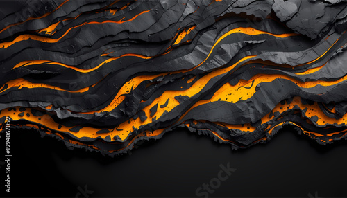 Dynamic abstract undulating waves of molten lava flowing through dark textured rock formations creating a dramatic fiery and energetic visual with glowing its illustration only