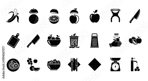 Black silhouette icons depicting various fruits food preparation tools and kitchen activities