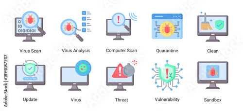 Virus detection icon set with scan,quarantine,sandbox and system update concepts.Ideal for antivirus software,malware analysis and cybersecurity monitoring systems.