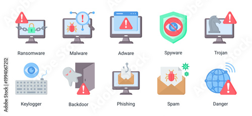 Malware threat icon set featuring ransomware,spyware,trojan,phishing and cyber attack risks.Perfect for cybersecurity threat visualization,hacking concepts and digital danger awareness.