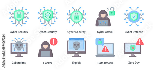 Cyber security icon set including hacker,cyber attack,exploit and data breach concepts.Ideal for cybersecurity services,network defense and digital protection solutions.