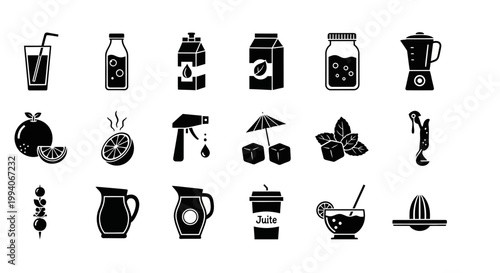 Black silhouette icons representing various beverages fruits and drink preparation tools
