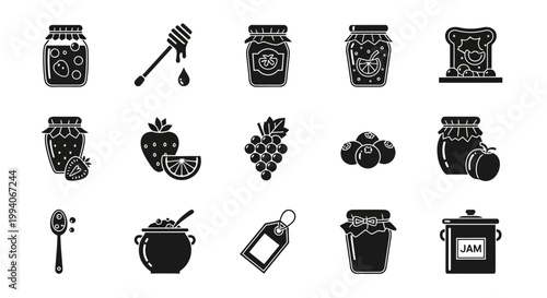 Black silhouette icons related to jam making and fruit preservation in a grid
