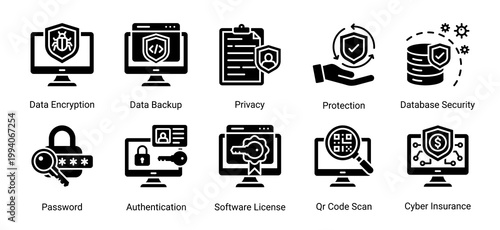 Data protection icon set featuring encryption,backup,authentication and privacy security.Perfect for secure data systems,login protection and information security solutions.
