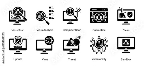Virus detection icon set with scan,quarantine,sandbox and system update concepts.Ideal for antivirus software,malware analysis and cybersecurity monitoring systems.