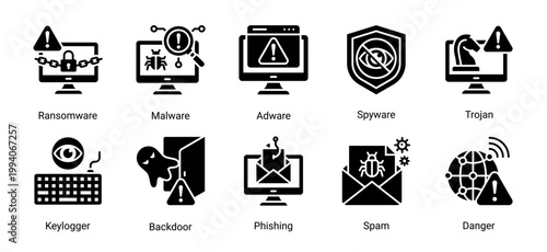 Malware threat icon set featuring ransomware,spyware,trojan,phishing and cyber attack risks.Perfect for cybersecurity threat visualization,hacking concepts and digital danger awareness.