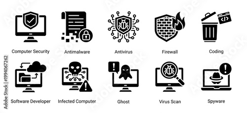 System security icon set featuring antivirus,firewall,coding and infected computer concepts.Perfect for cybersecurity software,system protection and digital security solutions.