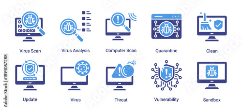 Virus detection icon set with scan,quarantine,sandbox and system update concepts.Ideal for antivirus software,malware analysis and cybersecurity monitoring systems.