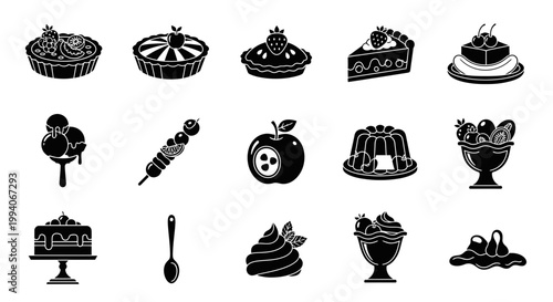 Fifteen black and white icons depicting various desserts and fruit items