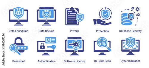 Data protection icon set featuring encryption,backup,authentication and privacy security.Perfect for secure data systems,login protection and information security solutions.
