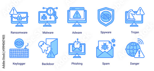 Malware threat icon set featuring ransomware,spyware,trojan,phishing and cyber attack risks.Perfect for cybersecurity threat visualization,hacking concepts and digital danger awareness.