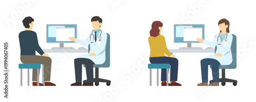 フラットイラスト：問診する医者と親子患者セット