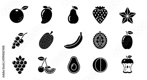 Foto Fifteen black silhouette icons of various fruits arranged in three rows