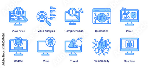Virus detection icon set with scan,quarantine,sandbox and system update concepts.Ideal for antivirus software,malware analysis and cybersecurity monitoring systems.