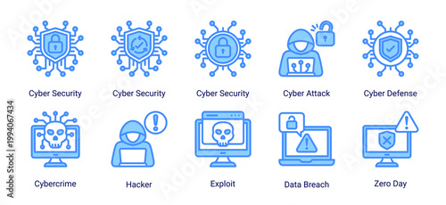 Cyber security icon set including hacker,cyber attack,exploit and data breach concepts.Ideal for cybersecurity services,network defense and digital protection solutions.