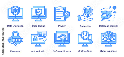 Data protection icon set featuring encryption,backup,authentication and privacy security.Perfect for secure data systems,login protection and information security solutions.