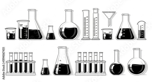 Collection of laboratory glassware filled with dark liquid.