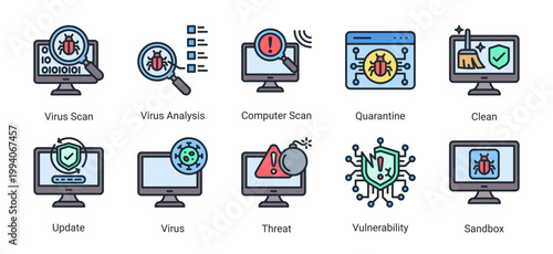 Virus detection icon set with scan,quarantine,sandbox and system update concepts.Ideal for antivirus software,malware analysis and cybersecurity monitoring systems.