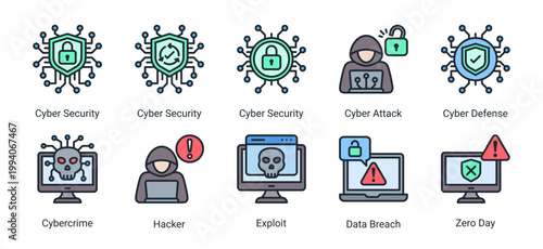 Cyber security icon set including hacker,cyber attack,exploit and data breach concepts.Ideal for cybersecurity services,network defense and digital protection solutions.