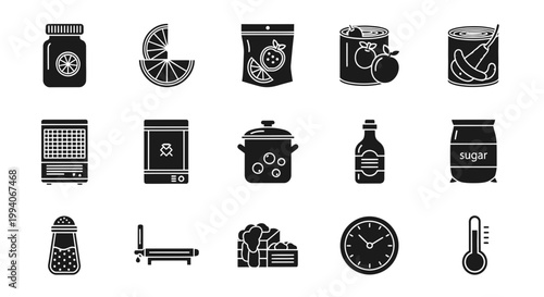 Fifteen black silhouette icons related to food preservation and cooking ingredients