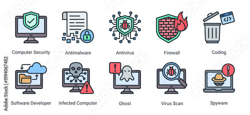 System security icon set featuring antivirus,firewall,coding and infected computer concepts.Perfect for cybersecurity software,system protection and digital security solutions.