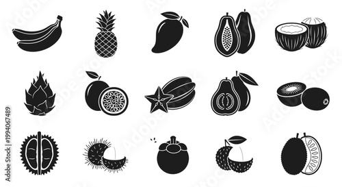 Silhouettes of fifteen tropical fruits arranged in three rows against a white background