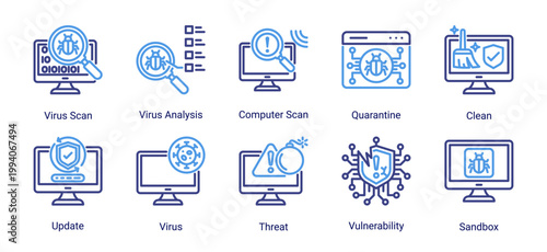 Virus detection icon set with scan,quarantine,sandbox and system update concepts.Ideal for antivirus software,malware analysis and cybersecurity monitoring systems.