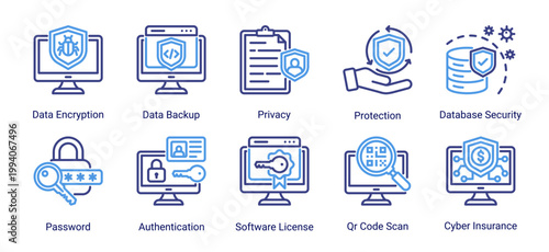 Data protection icon set featuring encryption,backup,authentication and privacy security.Perfect for secure data systems,login protection and information security solutions.