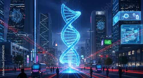 Abstract DNA Double Helix and Microscopic Human Cells Background, Abstract representation of a glowing DNA double helix structure