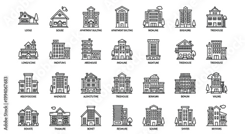 Various vector illustrations of buildings and houses in a graphic design