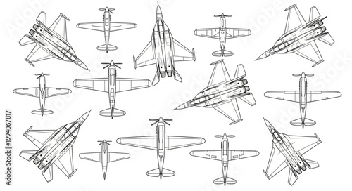 Collection of fighter jet sketches top view and side view.