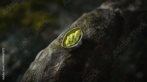 Artistic Still Life of Avocado Mash in Silver Bowl on Mossy Rock