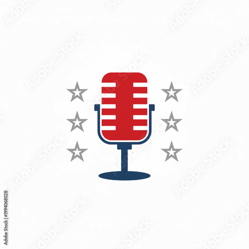 Microphone retro broadcast icon with red body, blue stand, and surrounding stars in a clean flat patriotic emblem design.
