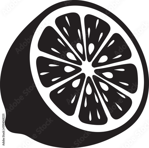 Black and white lemon slice icon, citrus fruit symbol, vector illustration, monochrome design element