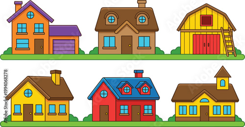 Collection of six diverse cartoon houses and a barn on a green grassy field
