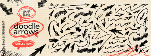 Hand drawn black arrow collection for notes, rustic graphic design, collage templates. Crayon or chalk drawn bold and thin doodle arrows. Sketchy directional pointers, inky illustration.