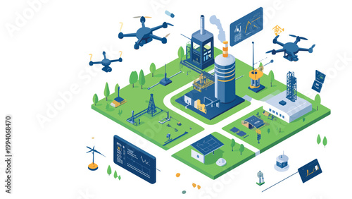 vector illustration of an oil refinery on green land