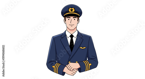 Smiling airline pilot in uniform with captain's hat illustration