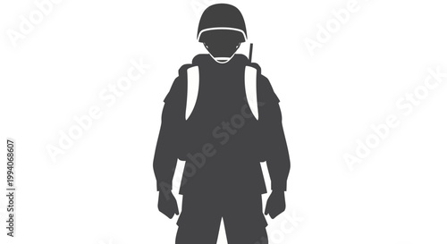 Silhouette of soldier in uniform with helmet and backpack