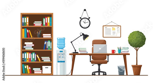 Modern office workspace with a desk, chair, bookshelf, and water cooler
