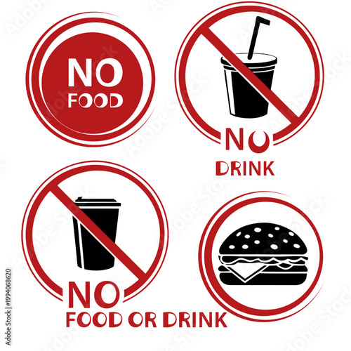 Set of No Food or Drink Signs, Prohibition Icons with Burger and Soda Cup Vector Illustration