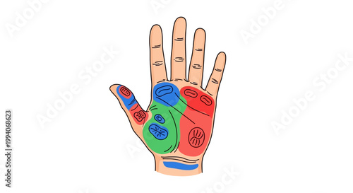 Colorful palmistry hand illustration with chakra points on white background