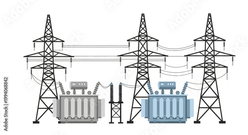 Electrical power station with transmission towers and transformers