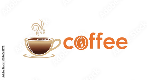 Vector graphic illustration of a steaming hot coffee cup with the word coffee and a coffee bean design element on a clean white background for cafe or coffee shop branding