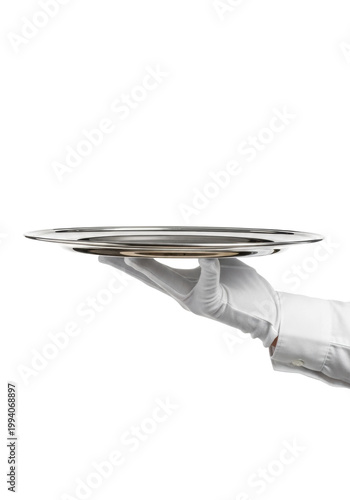 a transparent-gloved hand formally holds an empty, polished sterling silver serving platter against a featureless white studio background, concept of luxury hospitality