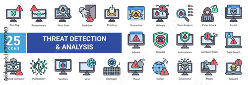 Cyber threat detection icon set featuring malware scan, ransomware, phishing, spyware and virus analysis. Ideal for cybersecurity, system monitoring and digital risk management.