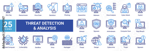 Cyber threat detection icon set featuring malware scan, ransomware, phishing, spyware and virus analysis. Ideal for cybersecurity, system monitoring and digital risk management.