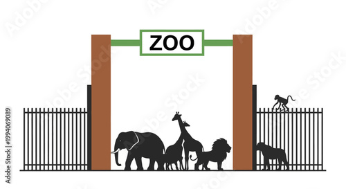 Silhouette of Animals at Zoo Entrance with Giraffe and Elephant