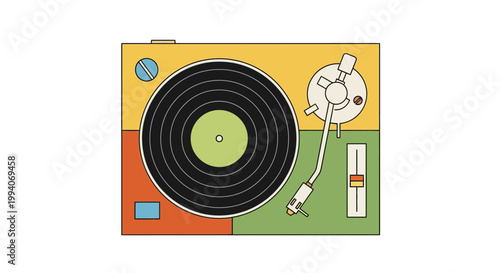 Colorful retro turntable illustration with bold geometric design