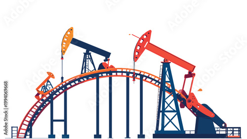 Oil pump jacks on roller coaster track representing volatile crude oil price fluctuations in petroleum industry flat vector illustration